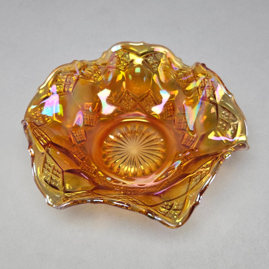 Imperial Star and File Marigold Carnival Glass Ruffled Bowl