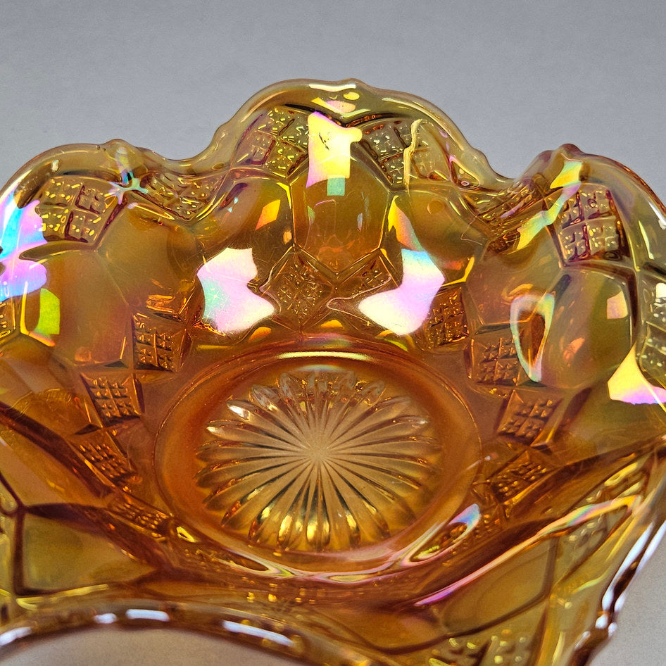 Imperial Star and File Marigold Carnival Glass Ruffled Bowl