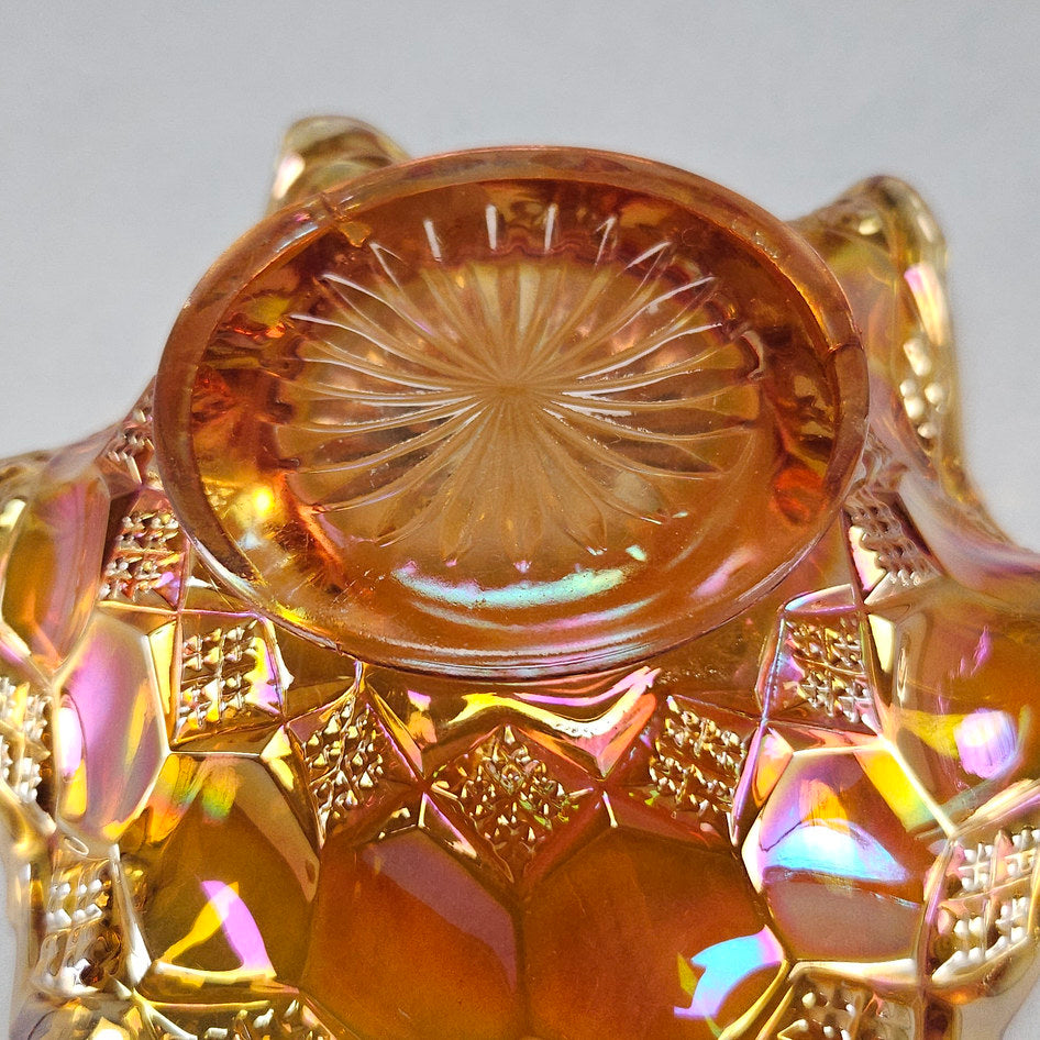 Imperial Star and File Marigold Carnival Glass Ruffled Bowl