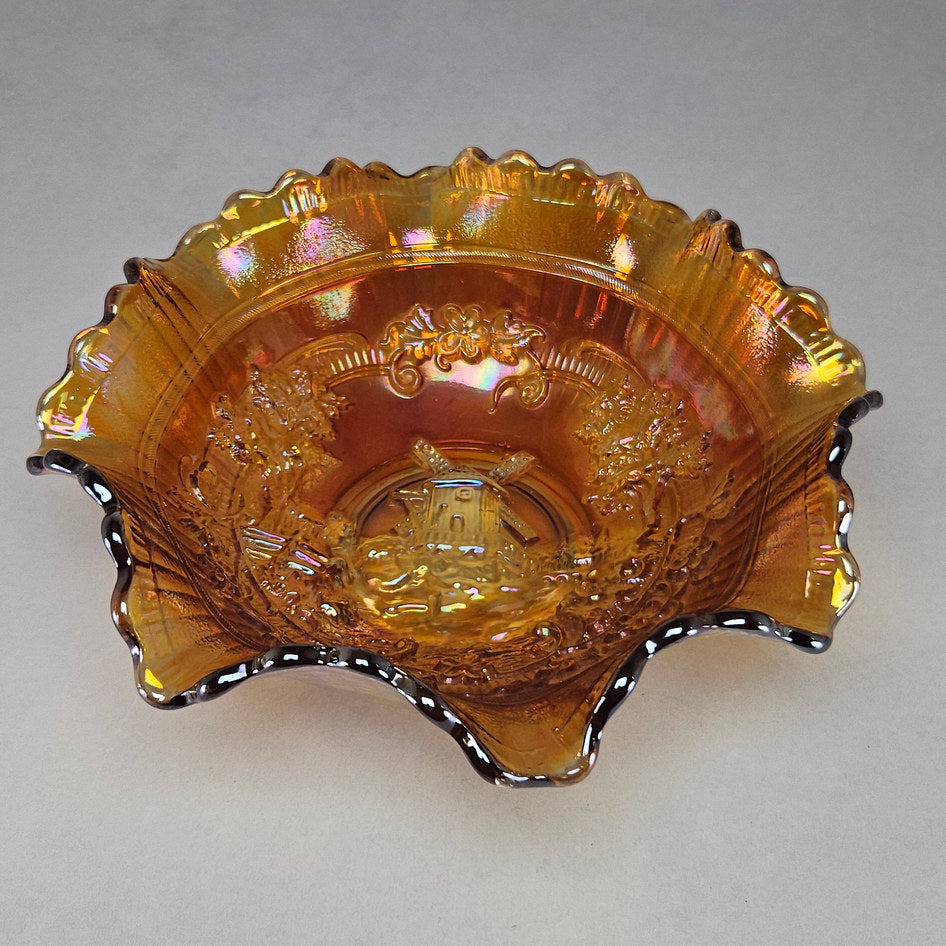 Imperial Windmill Marigold Carnival Glass Ruffled Bowl