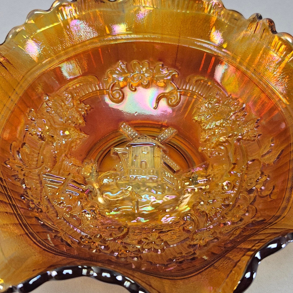 Imperial Windmill Marigold Carnival Glass Ruffled Bowl