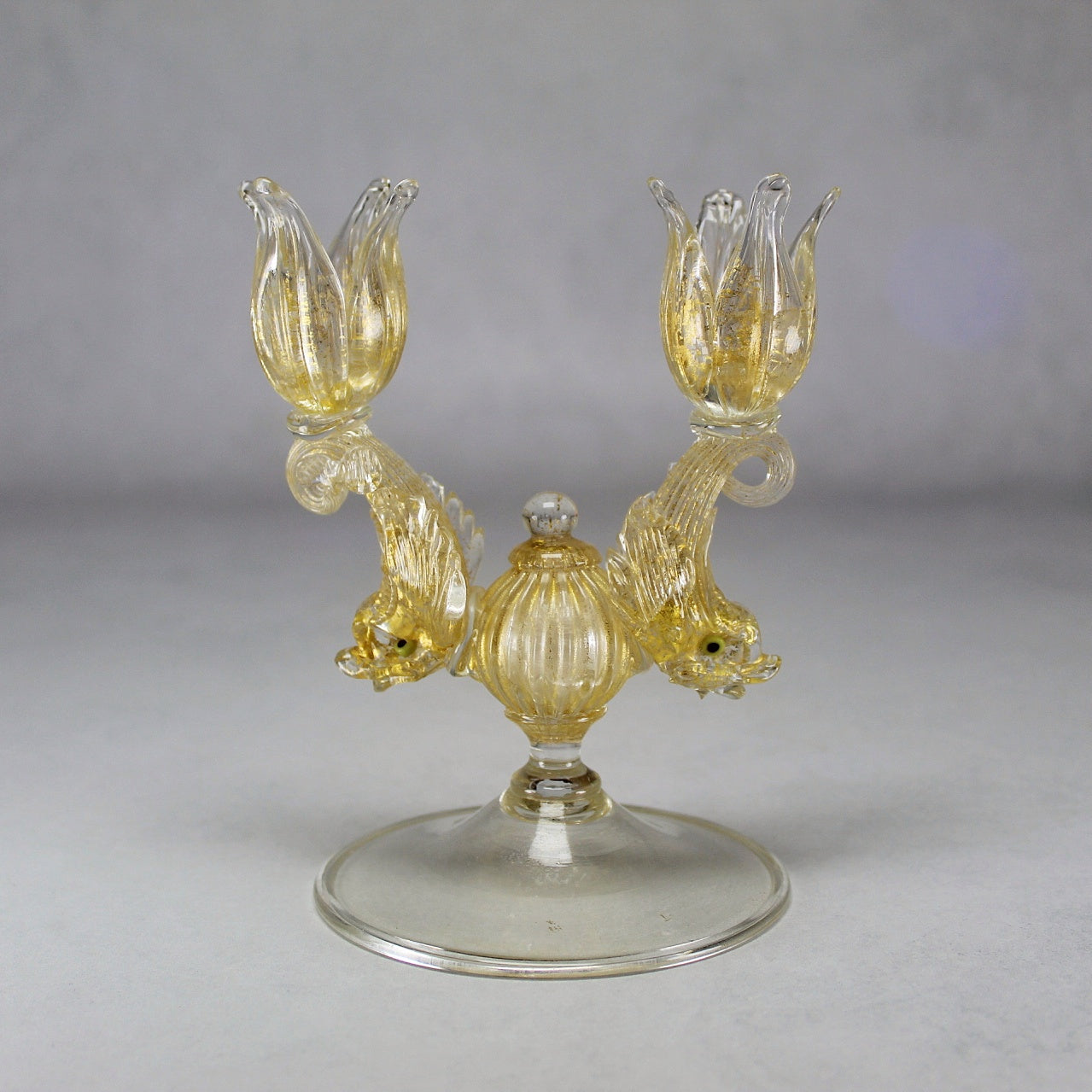 Italian Murano Gold Leaf Dolphin and Flower Double Candlestick