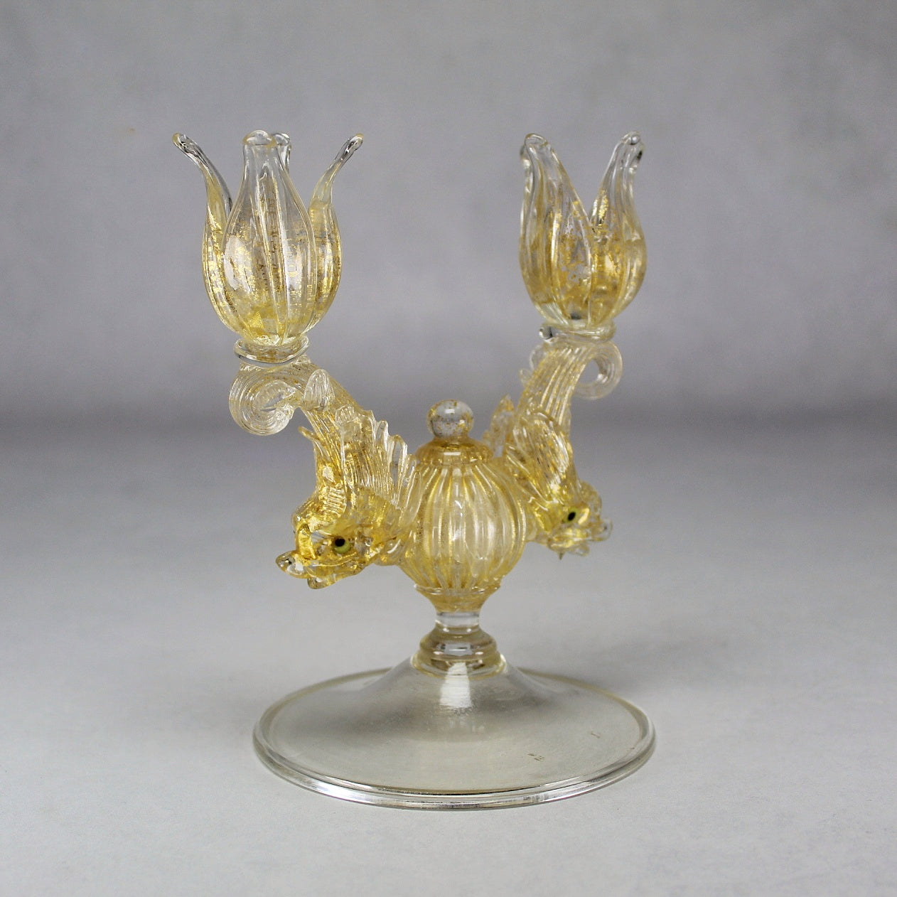 Italian Murano Gold Leaf Dolphin and Flower Double Candlestick