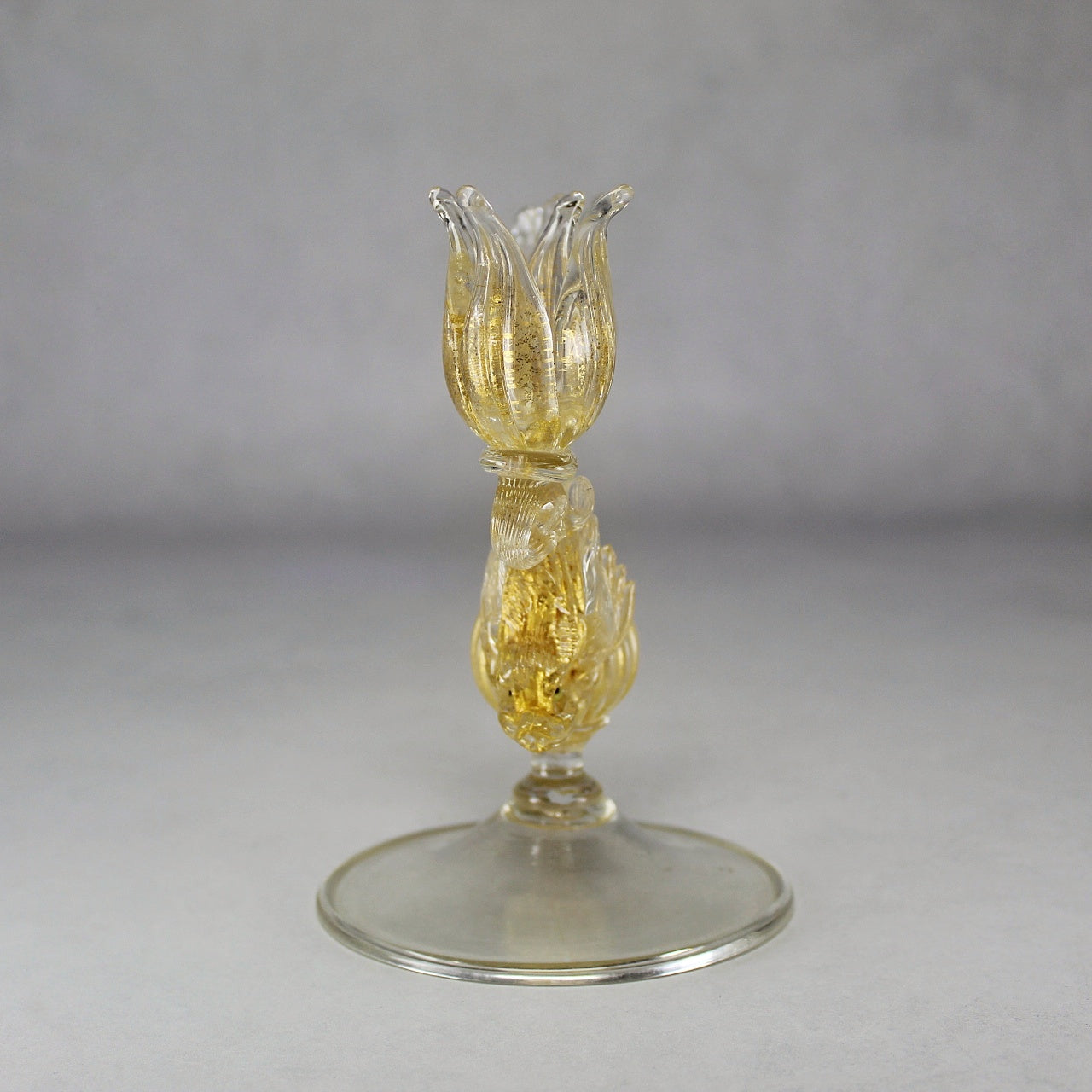 Italian Murano Gold Leaf Dolphin and Flower Double Candlestick
