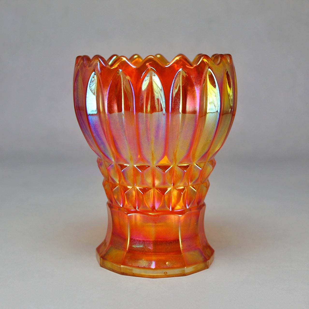 Joseph Inwald Marigold Coronet Princeton Pattern Squatty Carnival Glass Vase