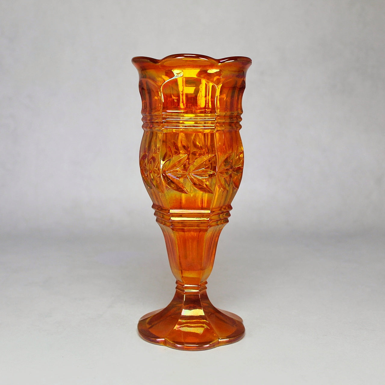 Joseph Inwald Marigold Laurier Nelly Pattern Pedestal Footed Carnival Glass Vase