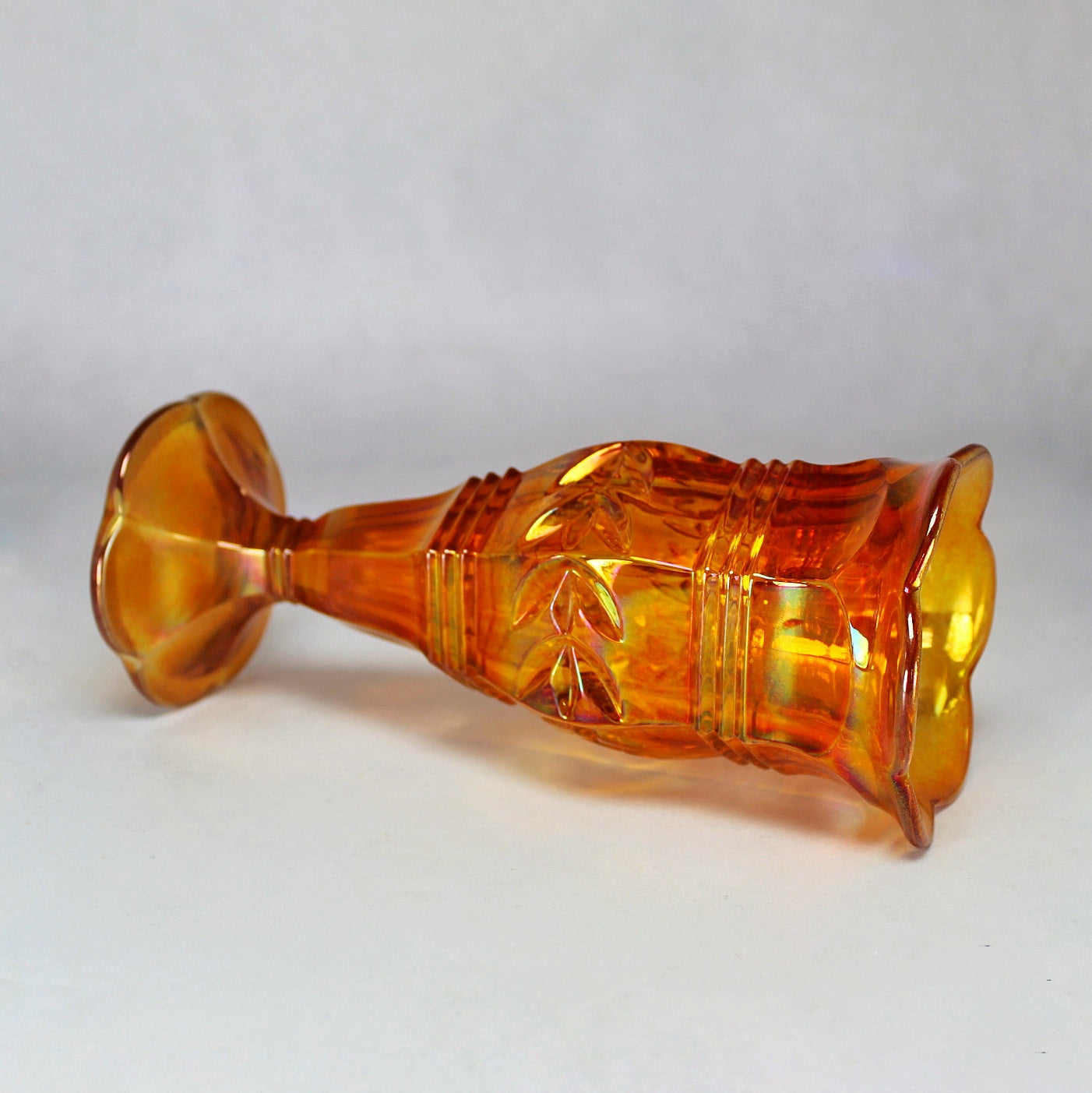 Joseph Inwald Marigold Laurier Nelly Pattern Pedestal Footed Carnival Glass Vase