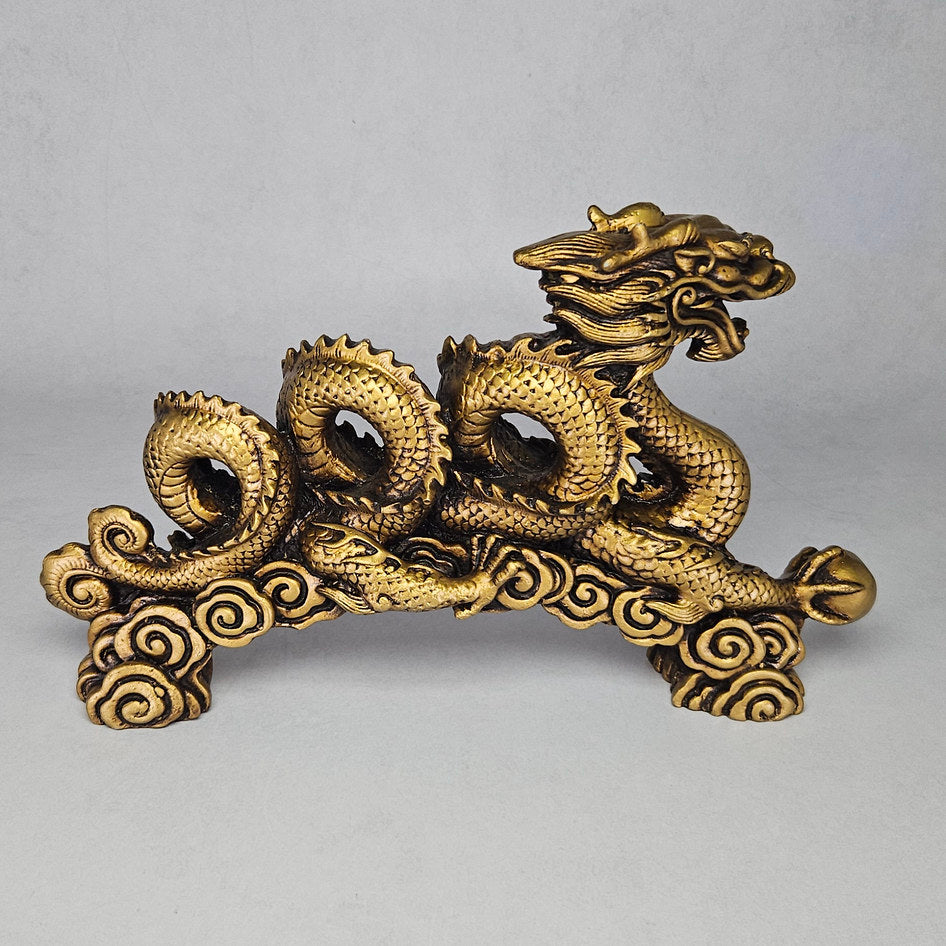Large Vintage Gilded Resin Chinese Feng Shui Dragon Statue with Orb Detail