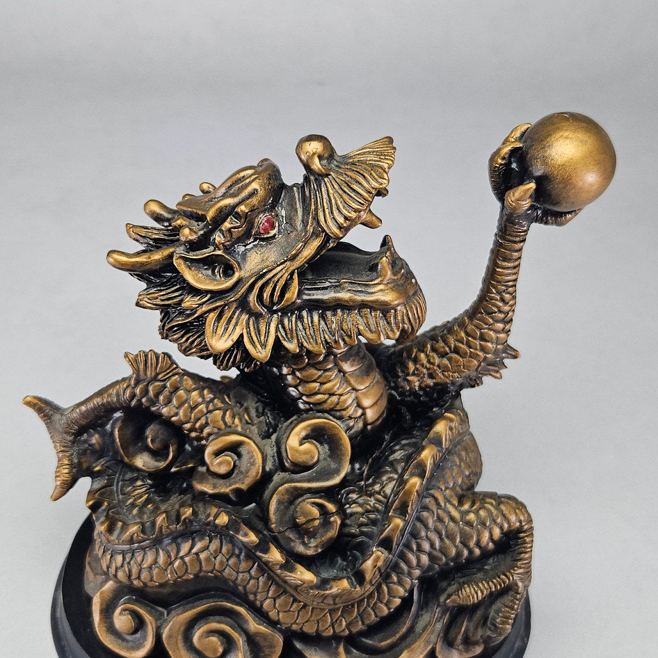 Large Vintage Gilded Resin Feng Shui Dragon with Raised Orb on Base