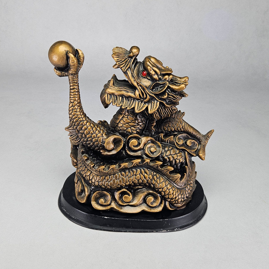 Large Vintage Gilded Resin Feng Shui Dragon with Raised Orb on Base