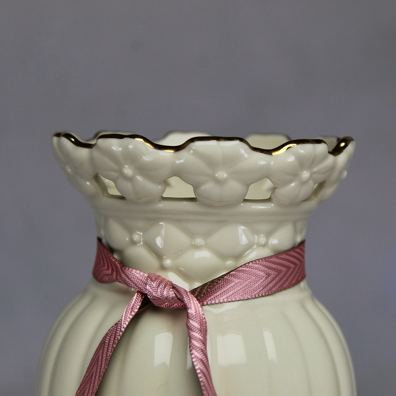Lenox Tied with Love Ribbed Cream and Gold Vase with Pink Ribbon