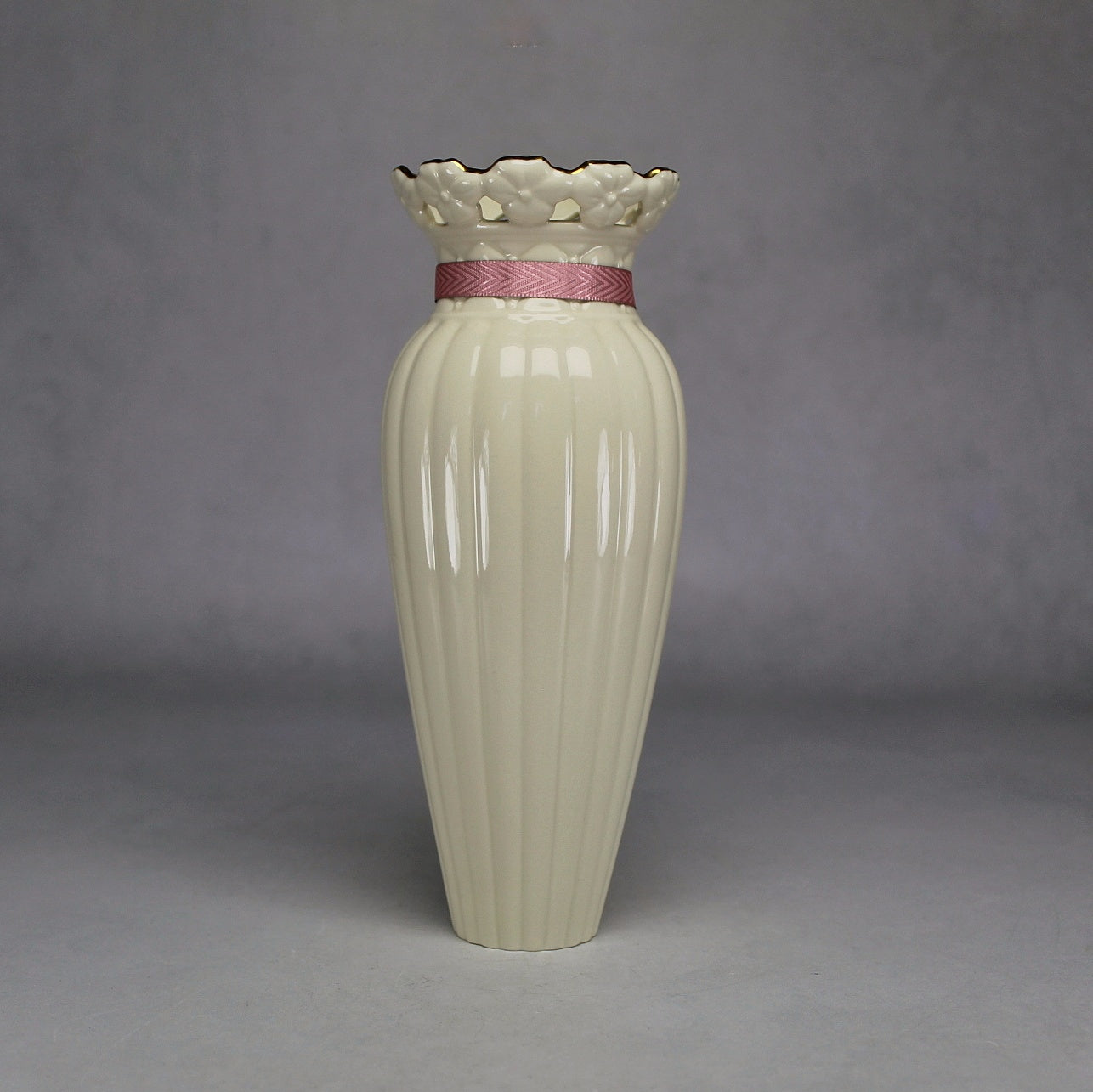 Lenox Tied with Love Ribbed Cream and Gold Vase with Pink Ribbon