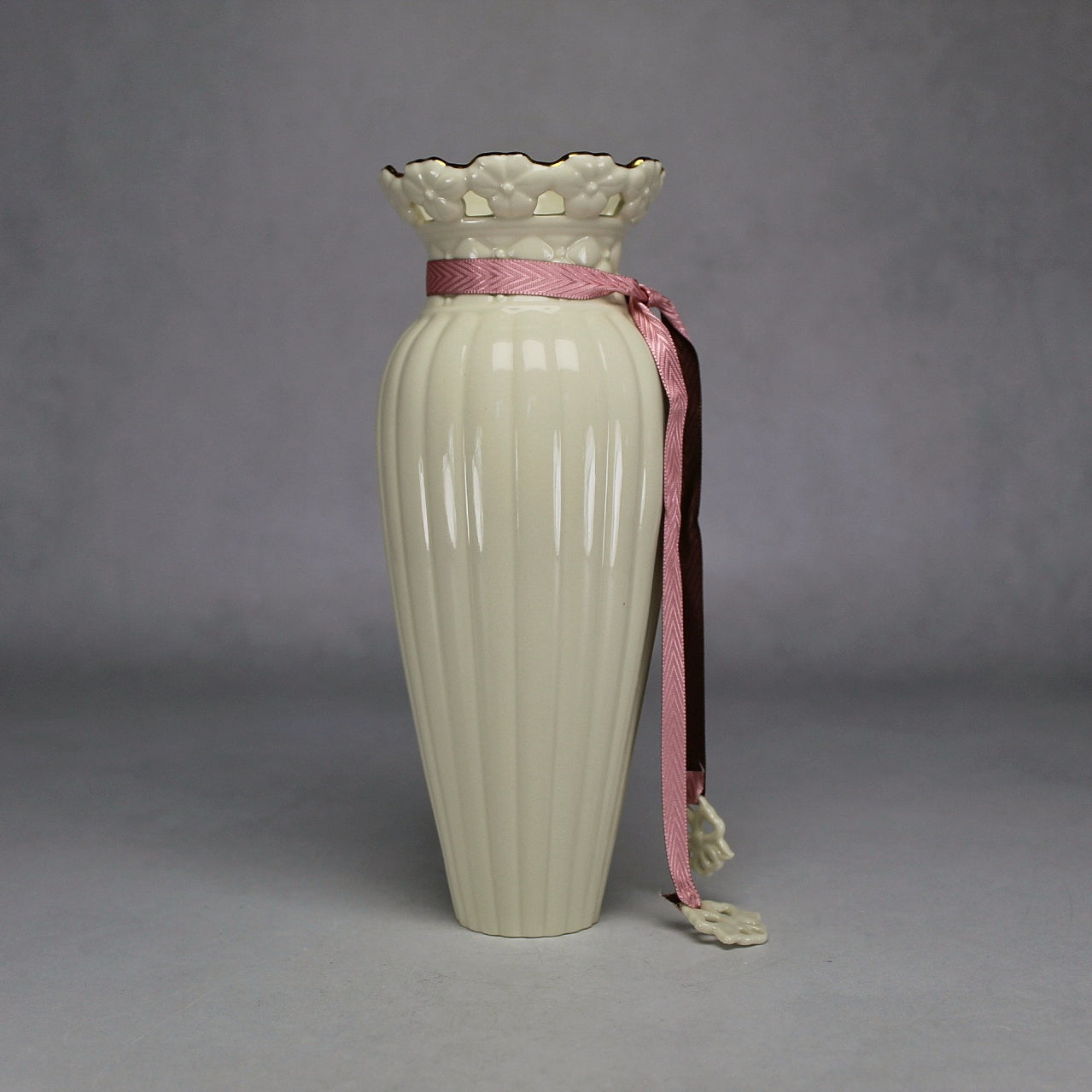 Lenox Tied with Love Ribbed Cream and Gold Vase with Pink Ribbon