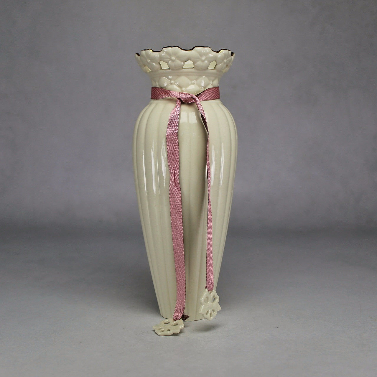 Lenox Tied with Love Ribbed Cream and Gold Vase with Pink Ribbon