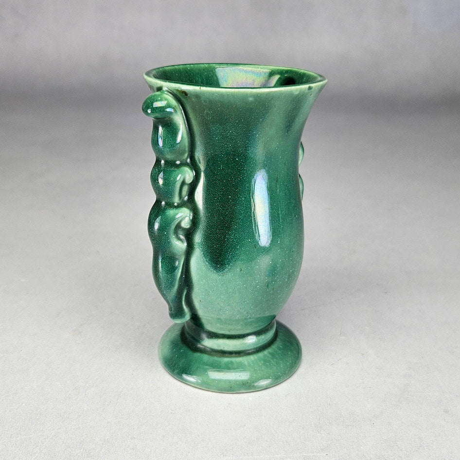 Lucia Ware attributed green vase showing raised scrolling ornaments