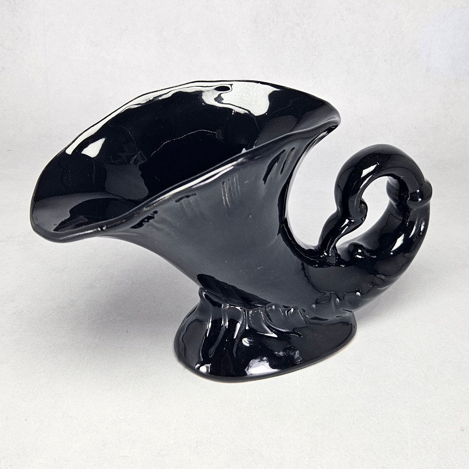 Lucia Ware black ceramic cornucopia vase with curled scroll end