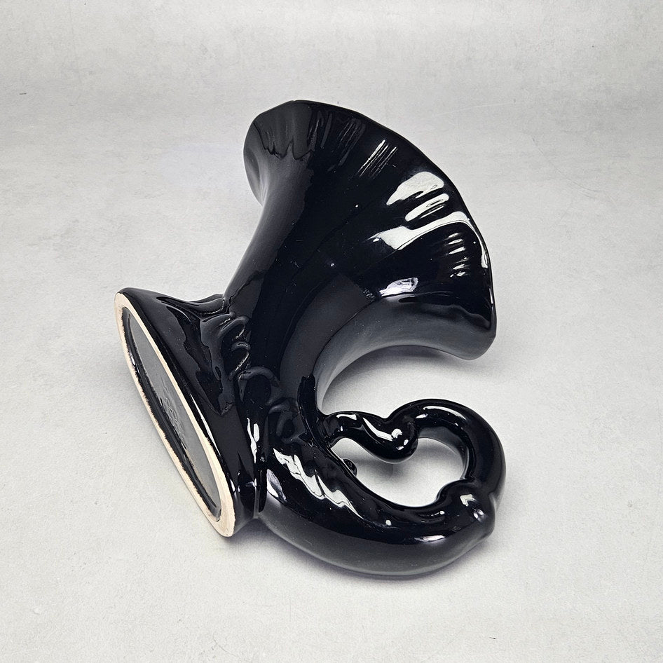 Lucia Ware black ceramic cornucopia vase with curled scroll end