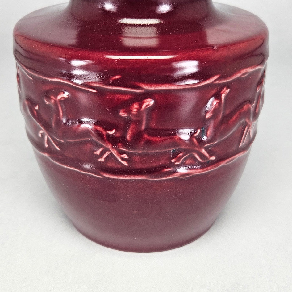 Lucia Ware burgundy ceramic vase with running antelope relief 4412
