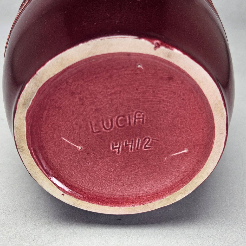 Lucia Ware burgundy ceramic vase with running antelope relief 4412