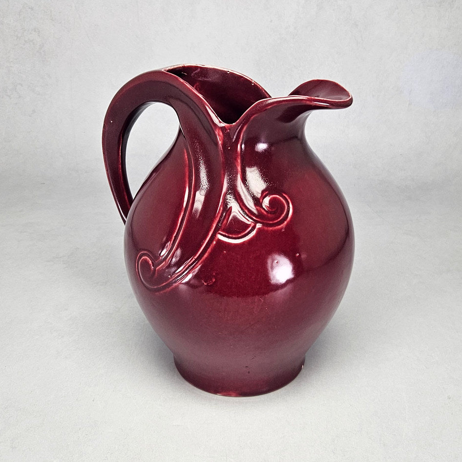 Lucia Ware burgundy ceramic ewer with sweeping scroll handle 7904