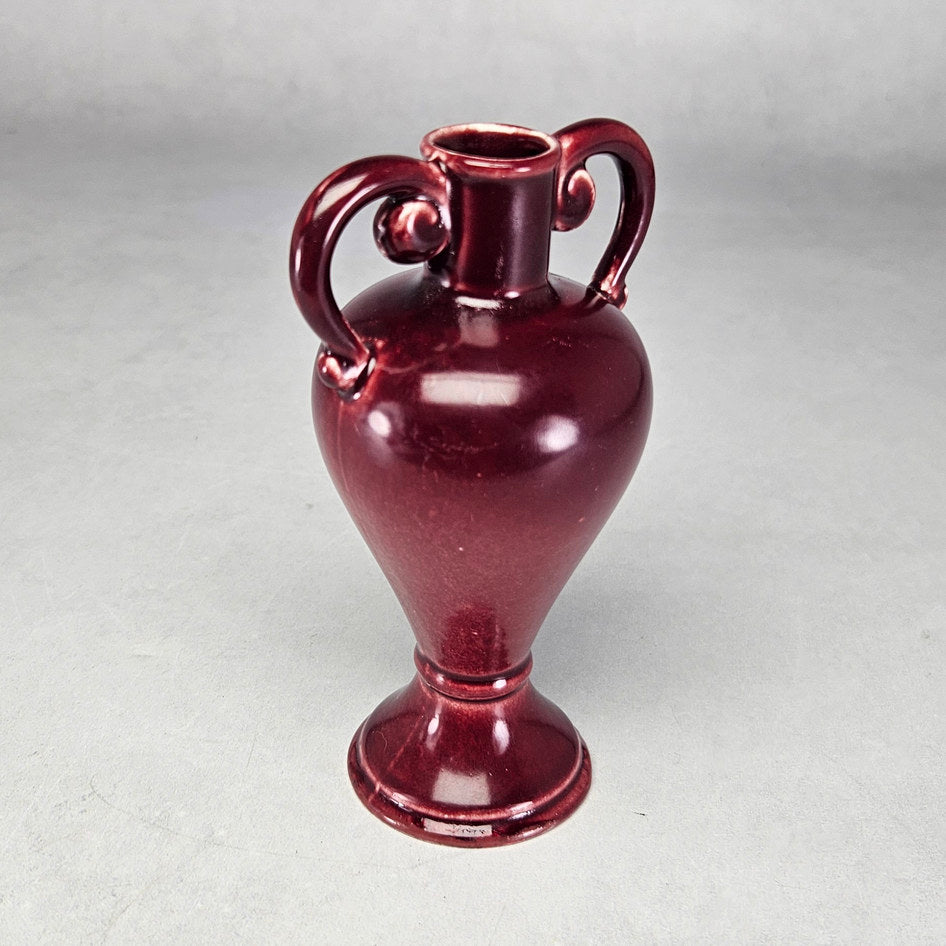 Lucia Ware burgundy ceramic vase with paired scroll handles 2101