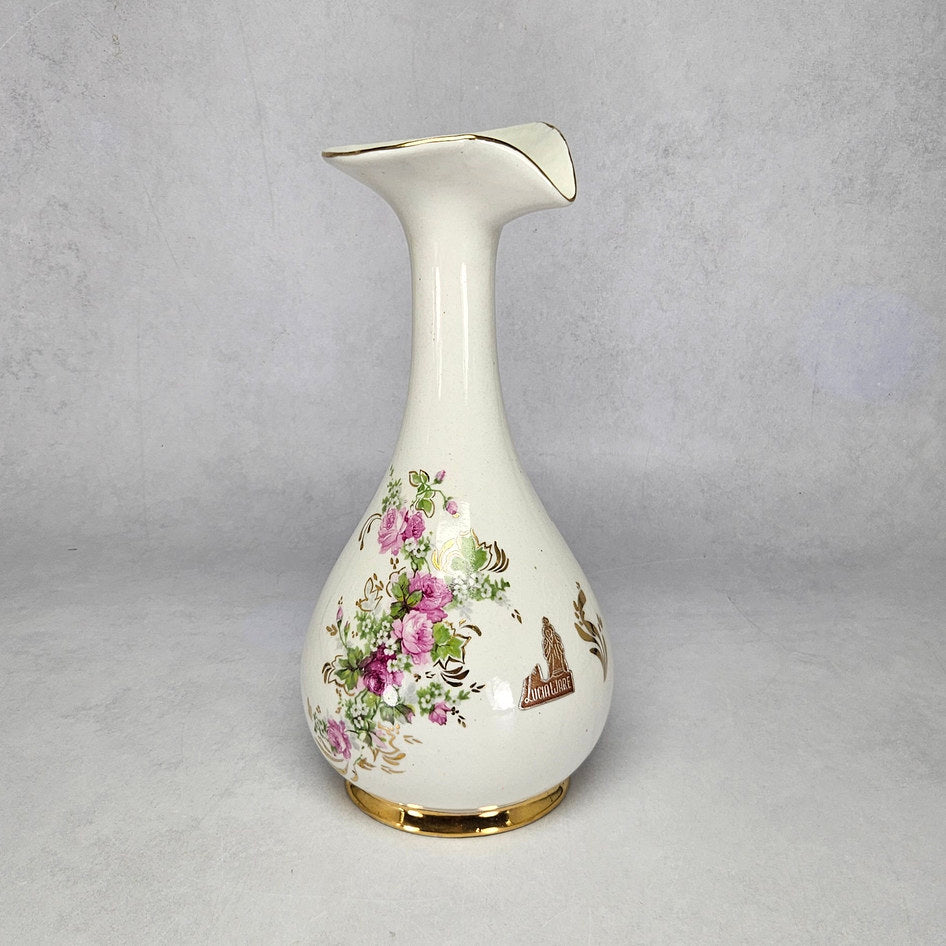 Lucia Ware cream ceramic vase with pink roses and gilt