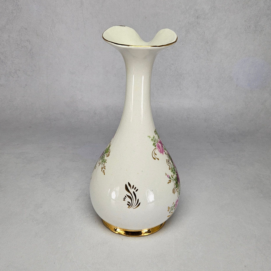Lucia Ware cream ceramic vase with pink roses and gilt