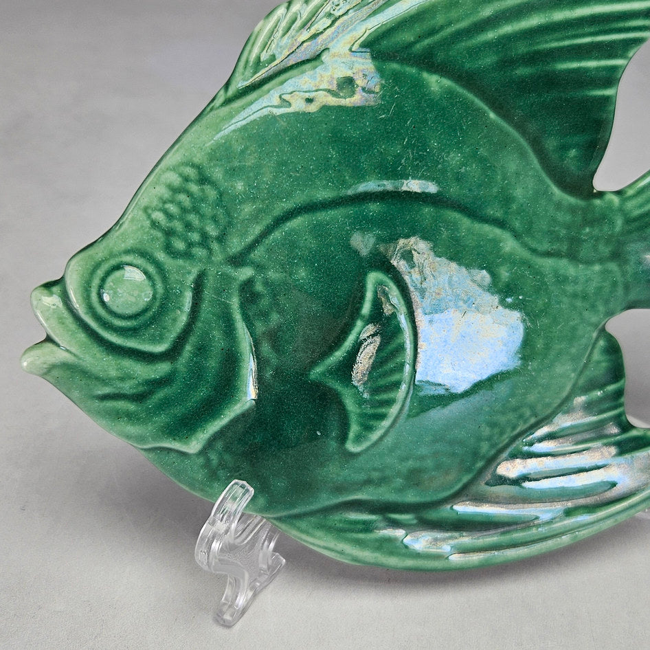Lucia Ware green ceramic angelfish plaque with elongated fins 1806