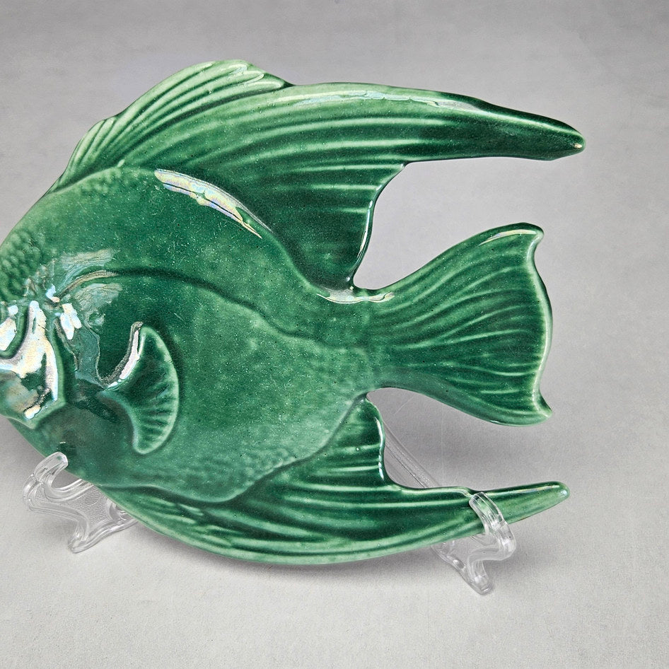 Lucia Ware green ceramic angelfish plaque with elongated fins 1806