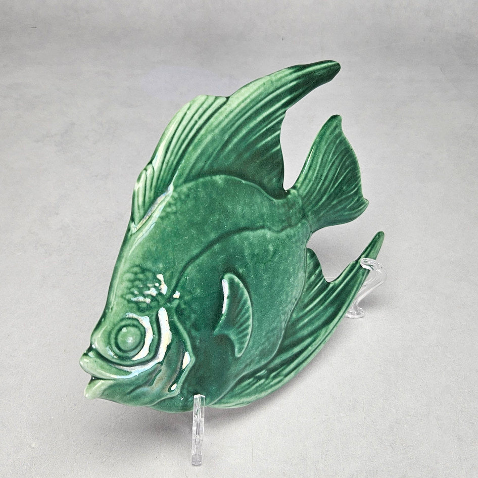 Lucia Ware green ceramic angelfish plaque with elongated fins 1806