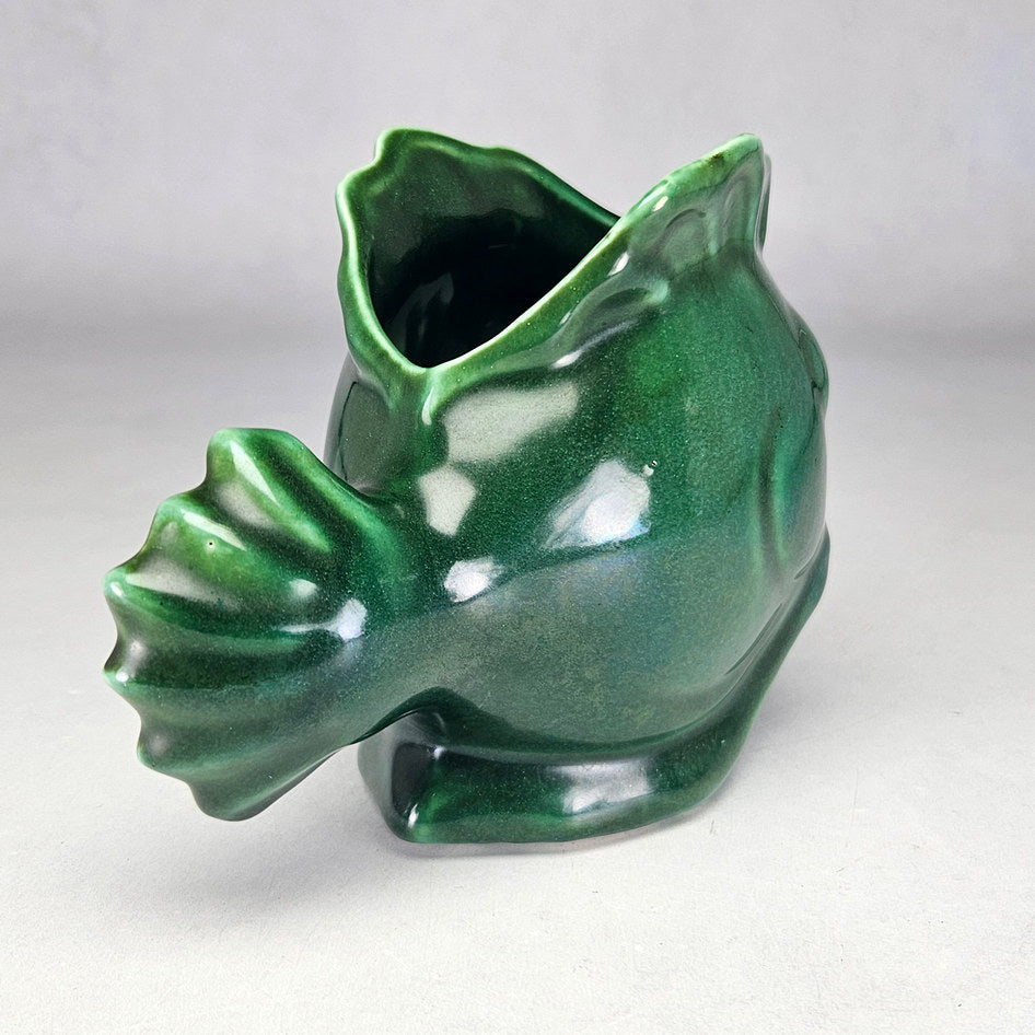 Lucia Ware green fish planter showing ribbed ceramic tail