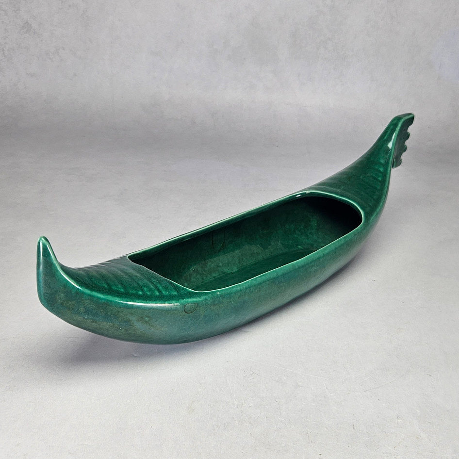 Lucia Ware green gondola planter showing long open hull