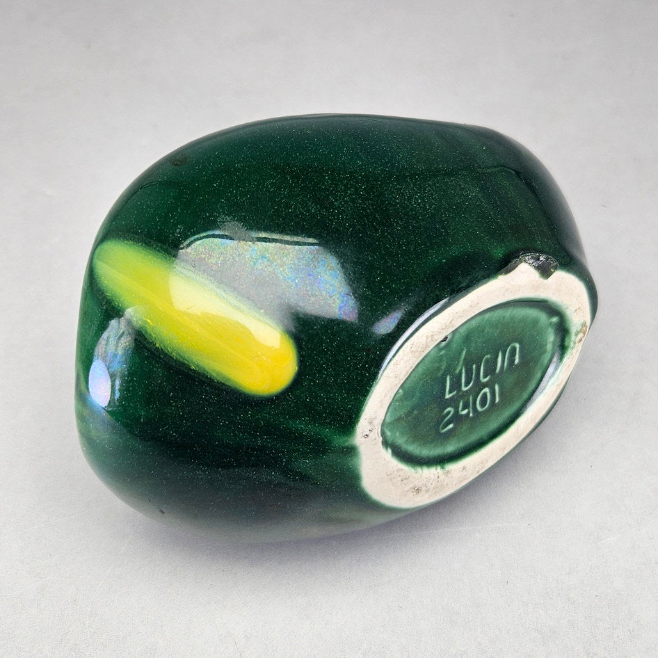 Lucia Ware green scroll planter underside showing maker marking