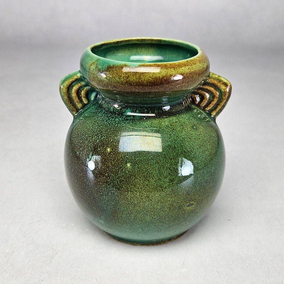 Lucia Ware mottled green ceramic vase with twin ridged handles