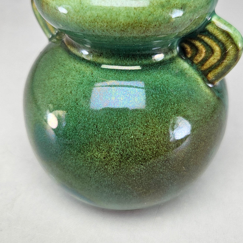 Lucia Ware mottled green ceramic vase with twin ridged handles