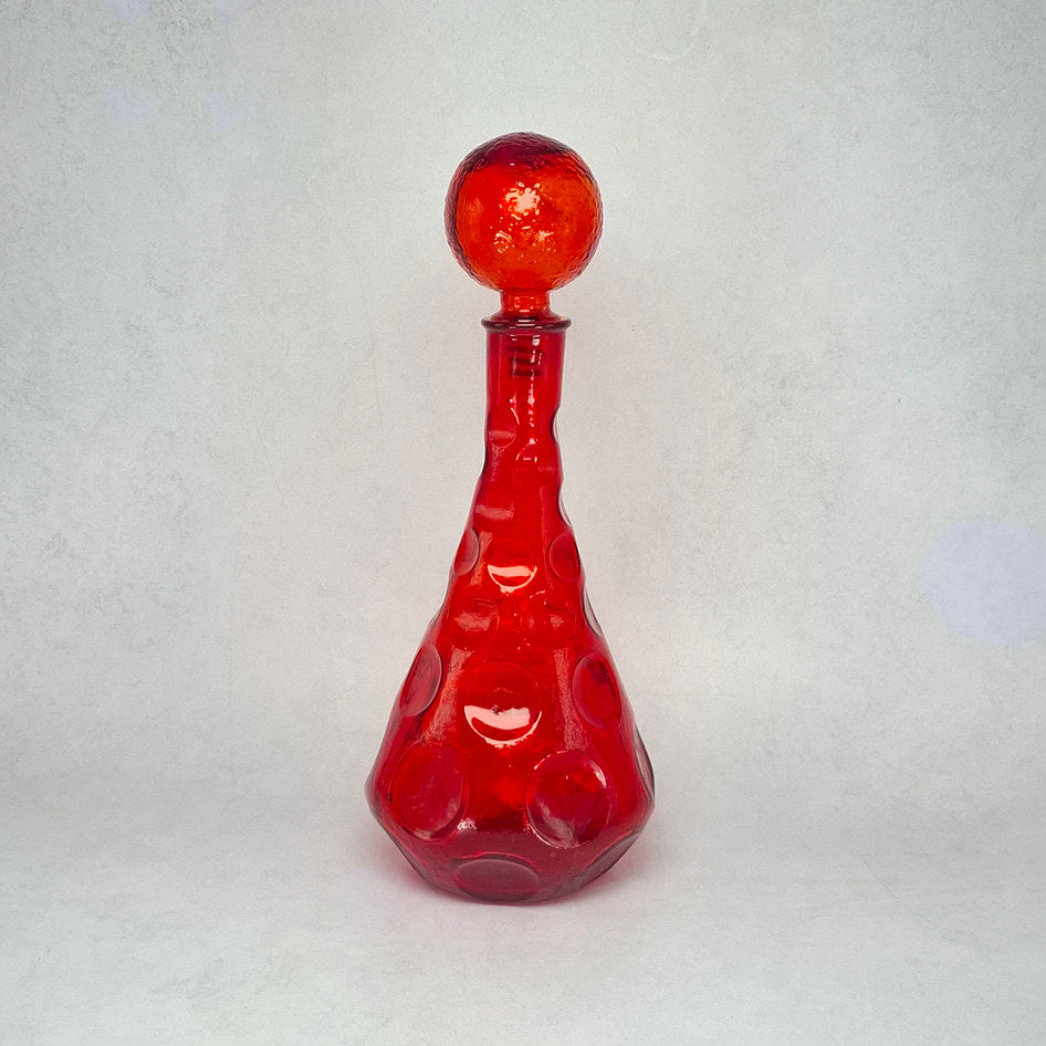 MCM Red Thumbprint Textured Glass Decanter Bottle with Stopper