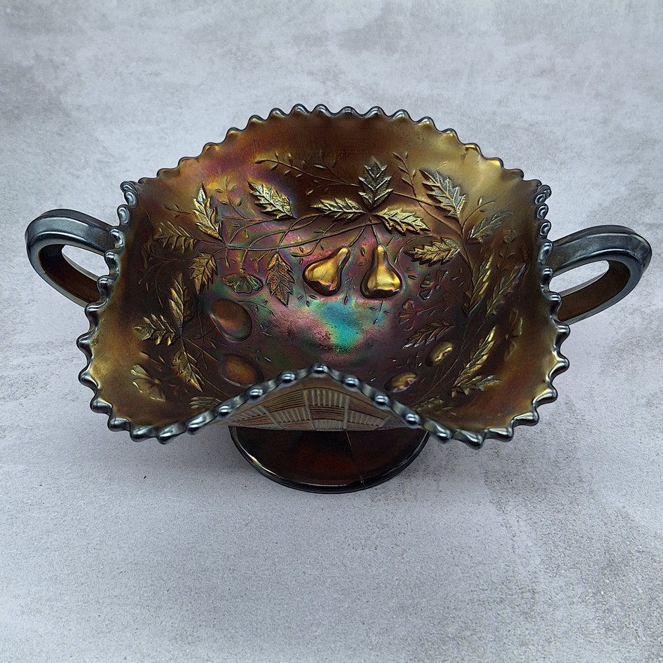 Northwood Fruits and Flowers Blue Carnival Glass Bonbon Dish