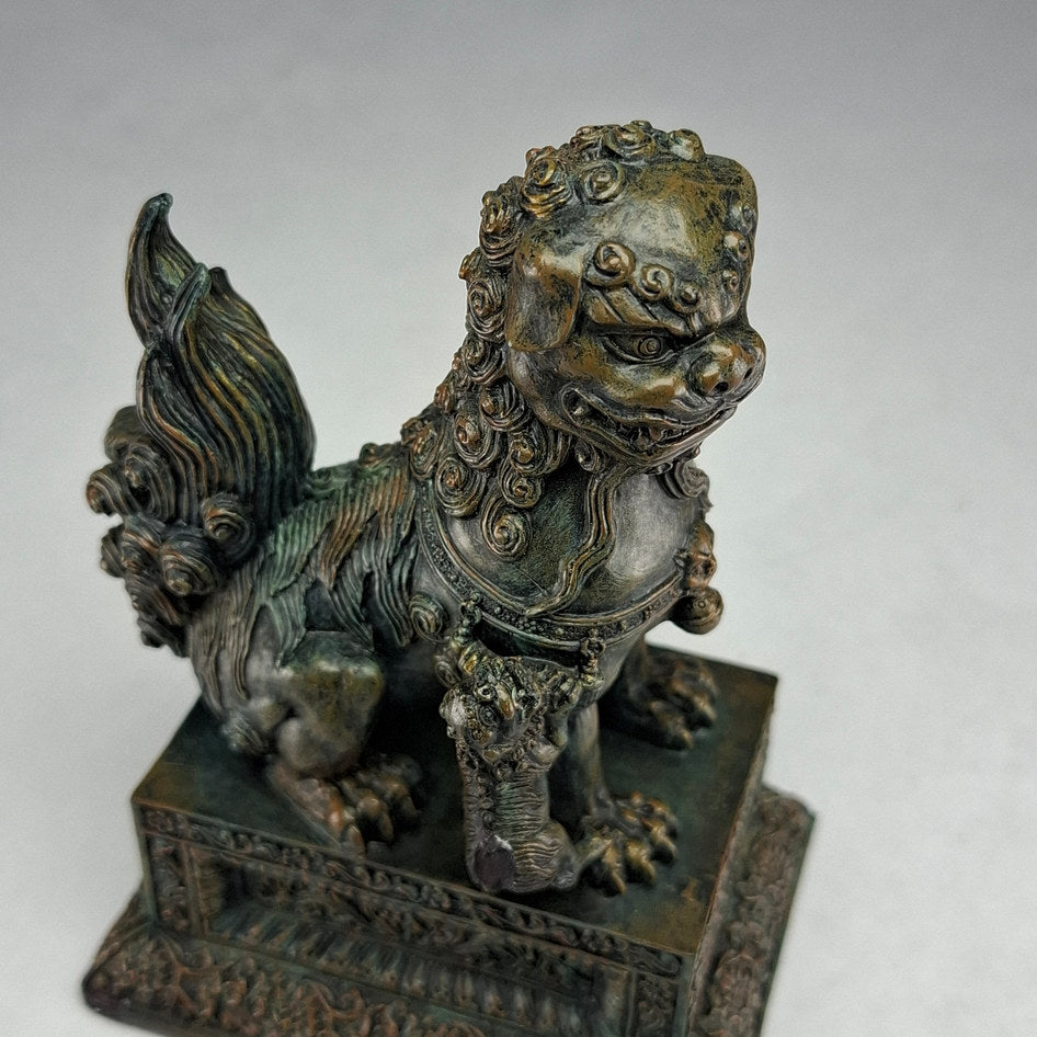 Pair of Bronze-Effect Polyresin Chinese Guardian Lions
