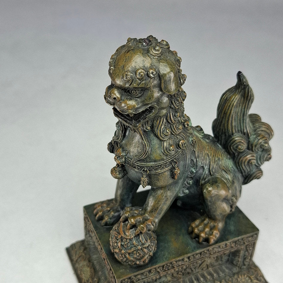 Pair of Bronze-Effect Polyresin Chinese Guardian Lions