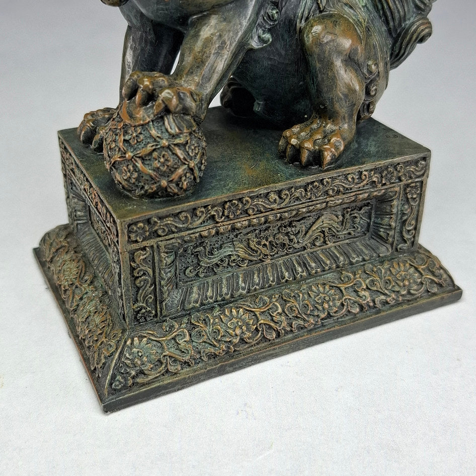 Pair of Bronze-Effect Polyresin Chinese Guardian Lions