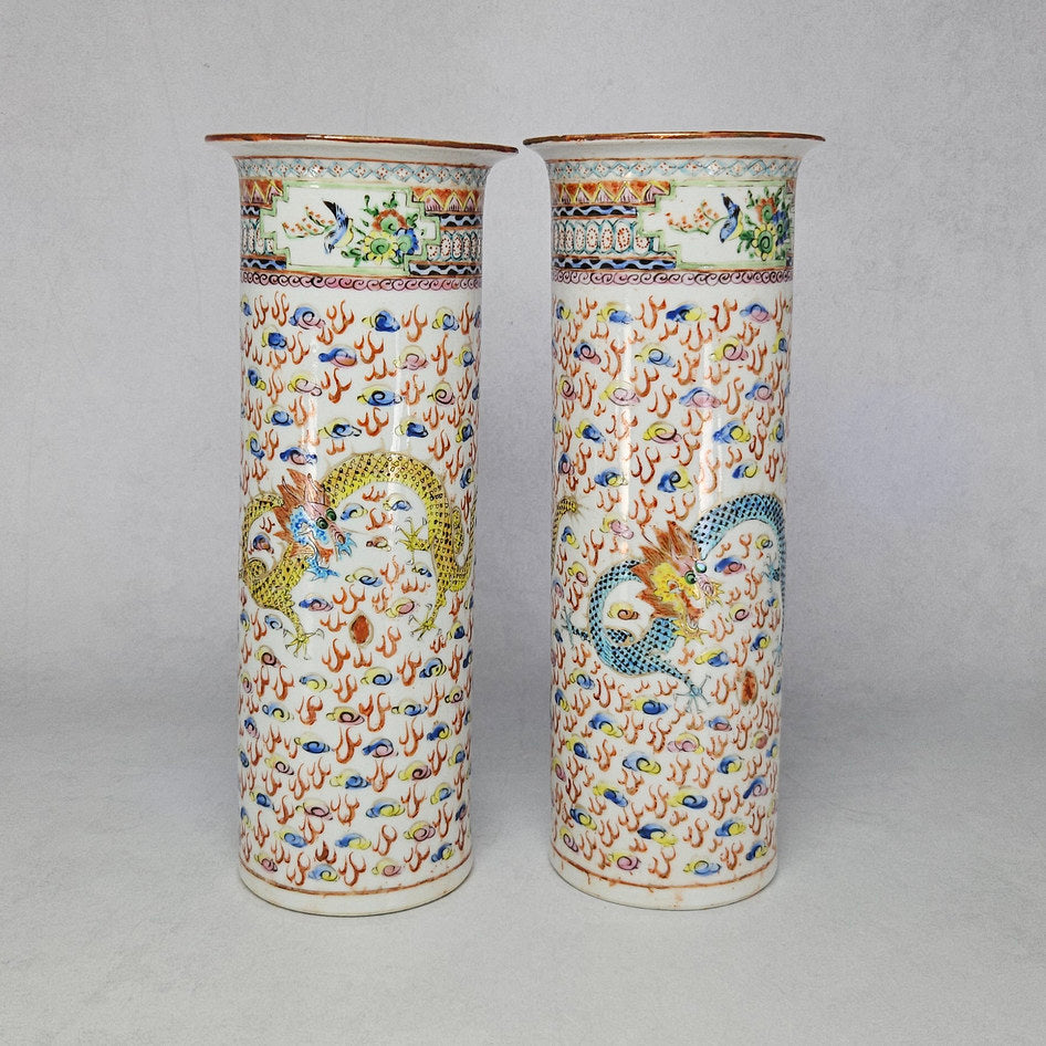 Pair of Chinese Porcelain Famille Rose Sleeve Vases with Dragon Motifs