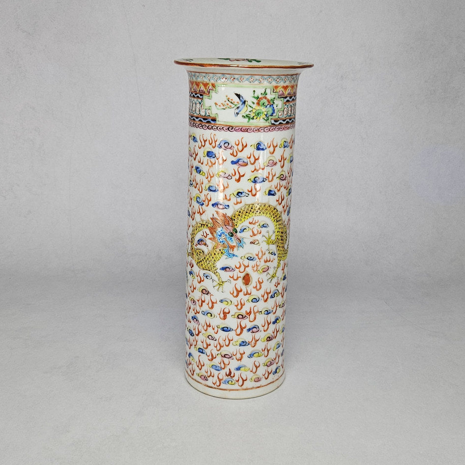 Pair of Chinese Porcelain Famille Rose Sleeve Vases with Dragon Motifs