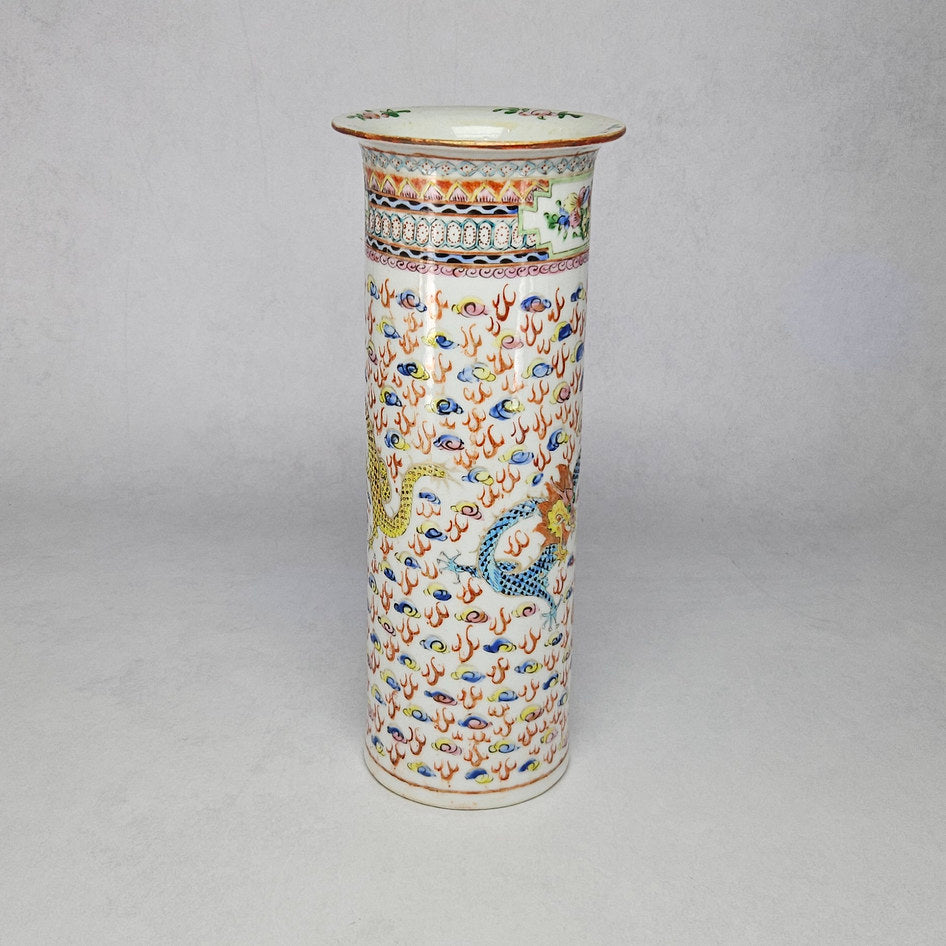 Pair of Chinese Porcelain Famille Rose Sleeve Vases with Dragon Motifs