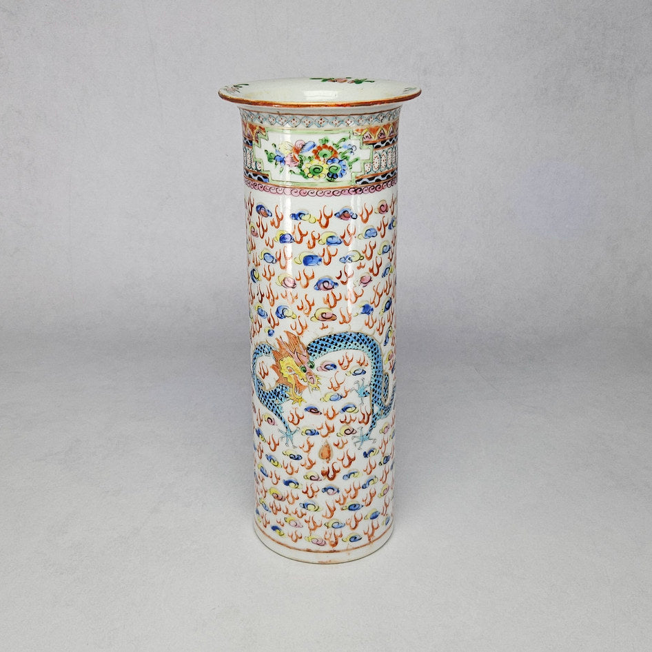 Pair of Chinese Porcelain Famille Rose Sleeve Vases with Dragon Motifs