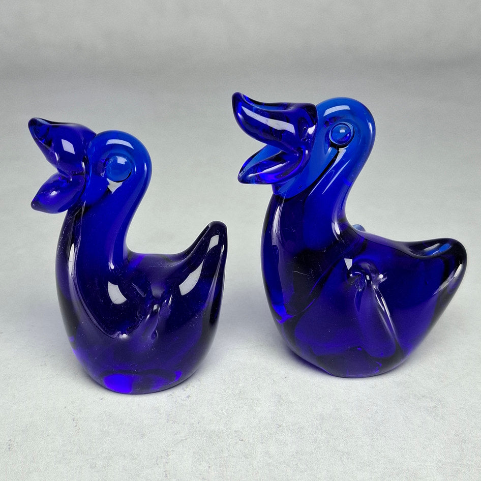Pair of Hand-Sculptured Cobalt Blue Glass Duck Sculptures