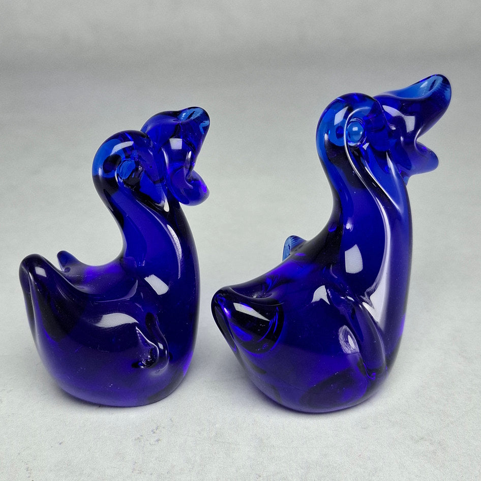 Pair of Hand-Sculptured Cobalt Blue Glass Duck Sculptures