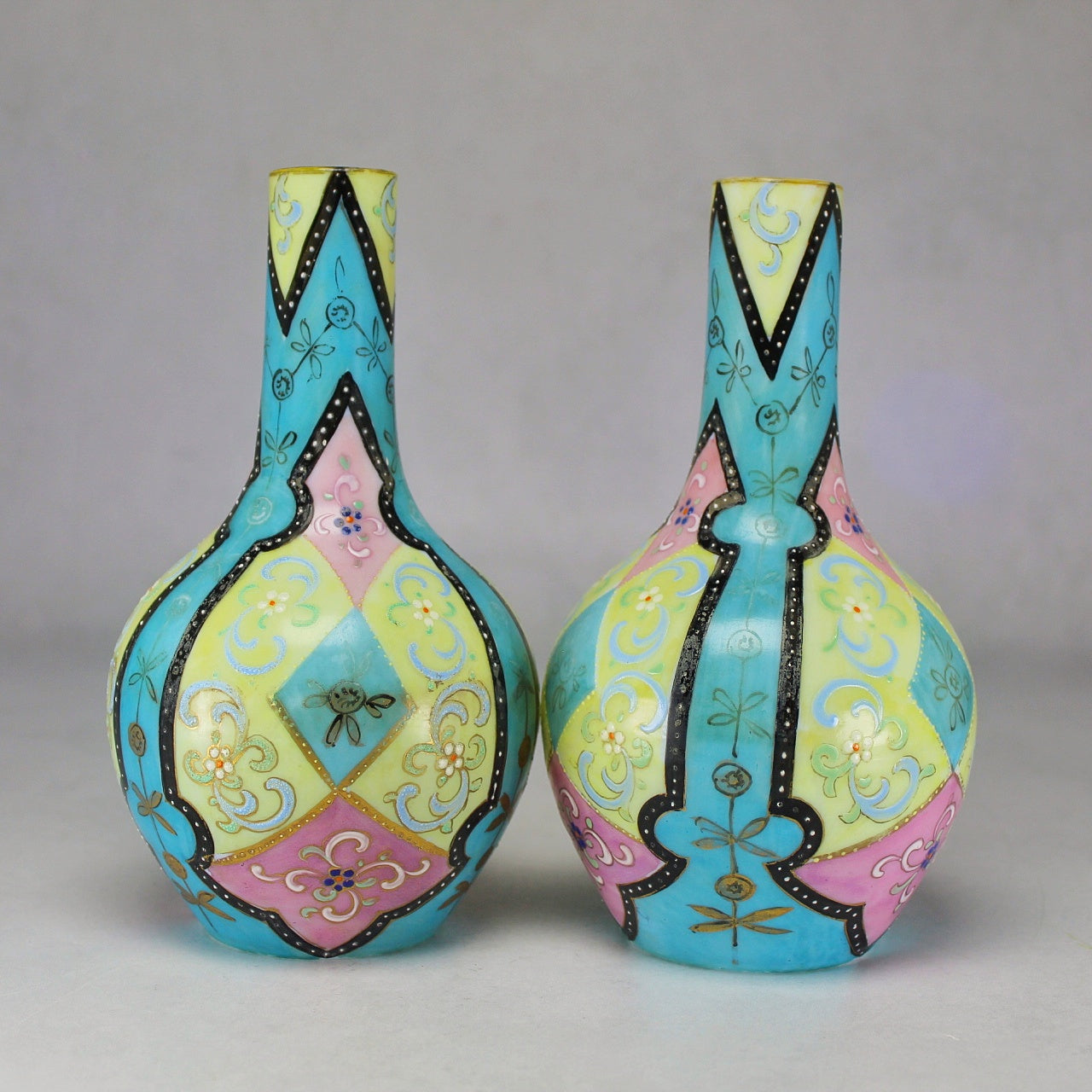 Pair of Harrach Victorian Enamelled Moroccan Ware Opaline Glass Vases