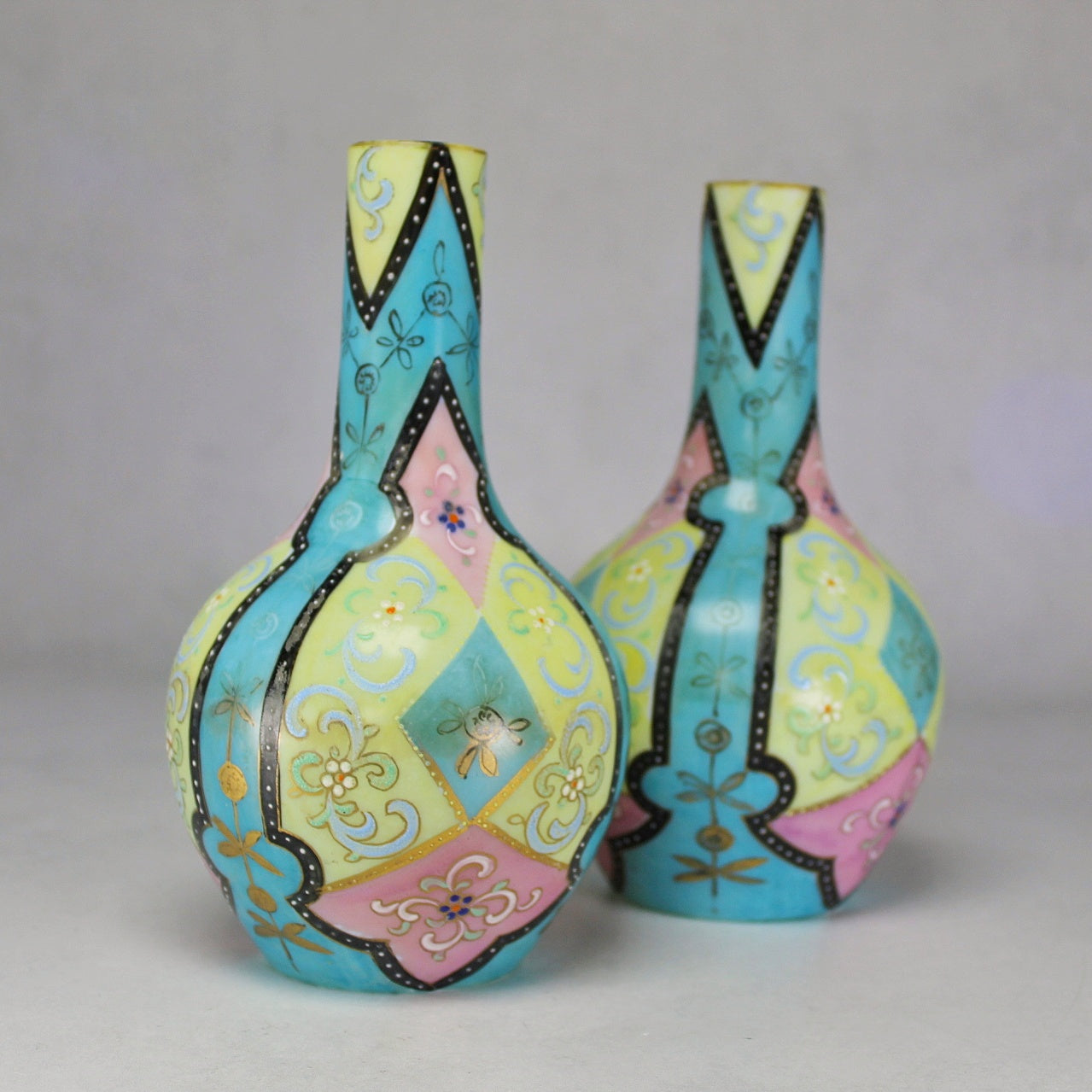 Pair of Harrach Victorian Enamelled Moroccan Ware Opaline Glass Vases