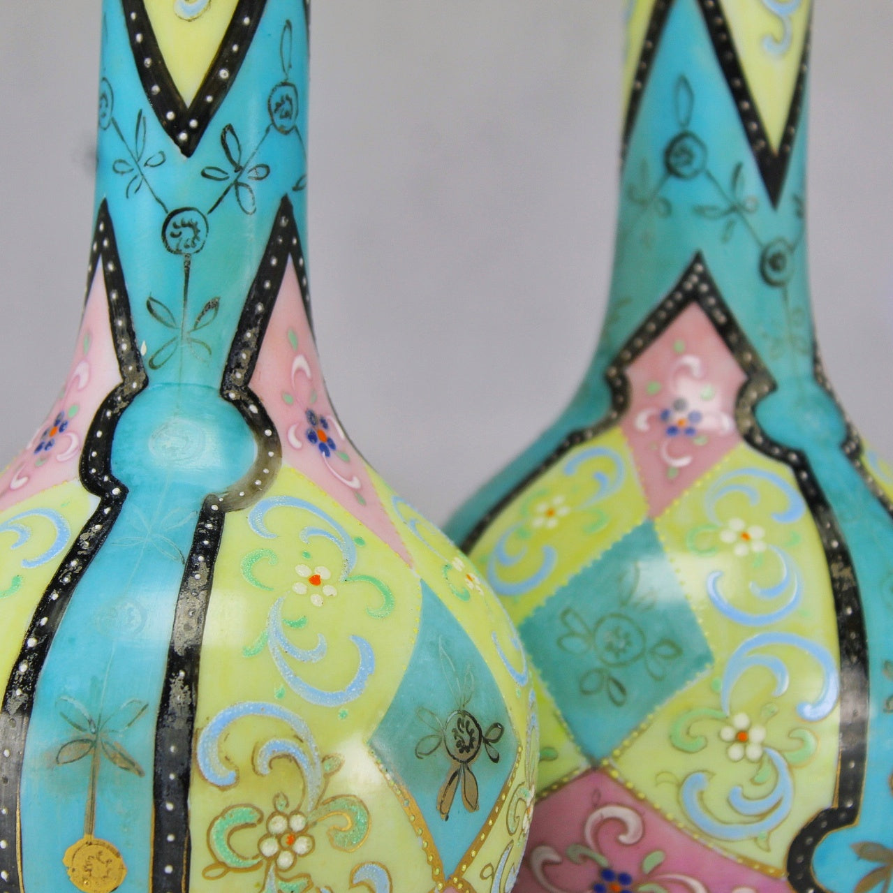 Pair of Harrach Victorian Enamelled Moroccan Ware Opaline Glass Vases