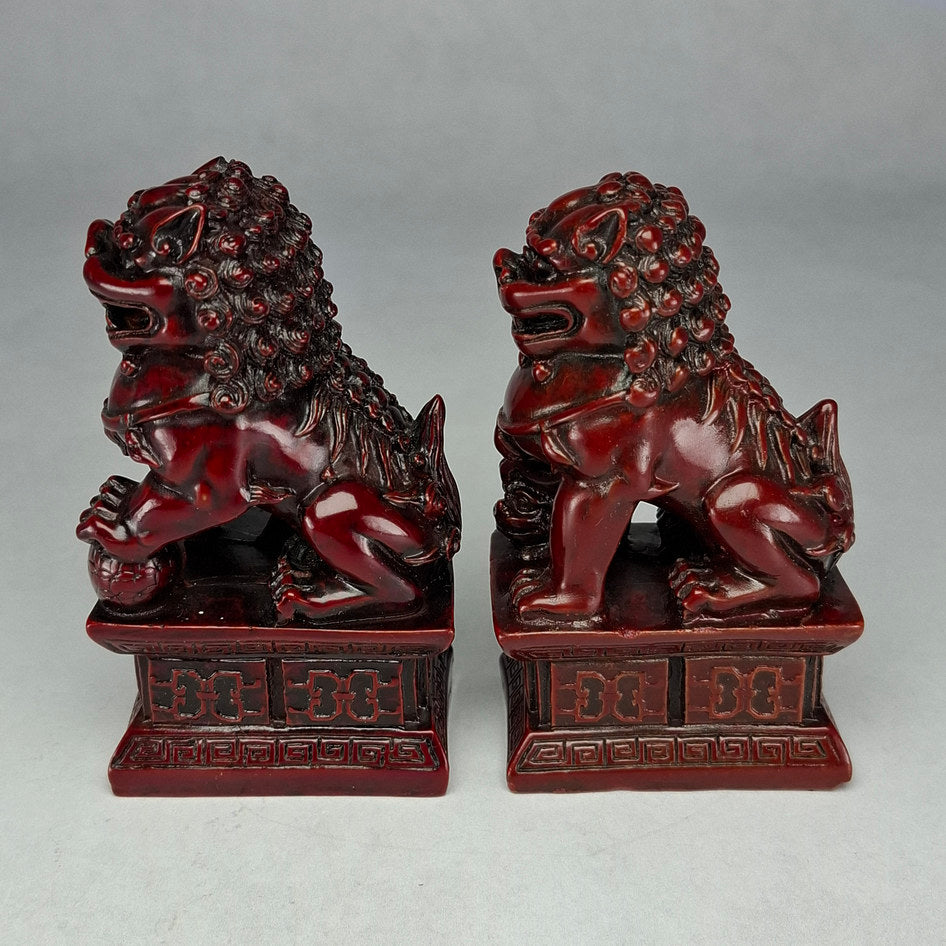 Pair of Red Lacquered Chinese Guardian Lions